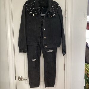 Denim Jacket and Distressed Jeans Set with Faux Pearls